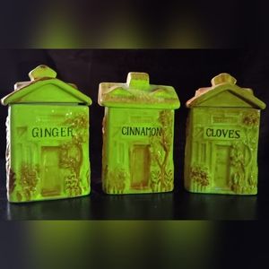 Uranium Glass Glazed Porcelain Cottage Spice Canisters Vintage/Antique Japan